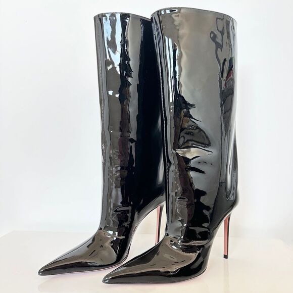 Amina Muaddi Fiona 100mm Black Patent Leather Boots Size 38 IT - Picture 1 of 12